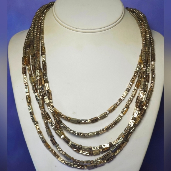 Chico's Multi-Strand Hammered Brass Tone Bead Bib Necklace - Picture 1 of 7